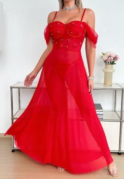 Red Off-Shoulder Lingerie Maxi Dress