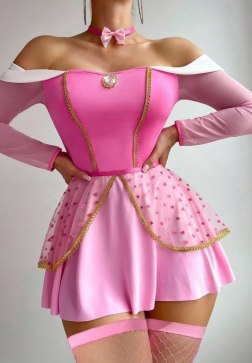 Pink Off-the-Shoulder Lingerie Dress with Heart Tulle