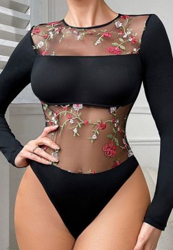 Black Long Sleeve Bodysuit with Floral Embroidered Mesh Panels