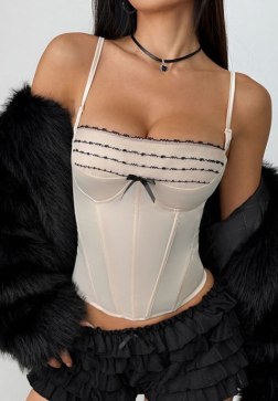 Beige Lace-Trimmed Corset Bustier with Back Lace-Up Detail