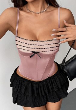 Dusty Rose Corset Top with Black Lace Trim & Bow Detail