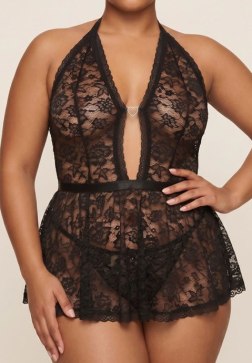 Black Halter Lace Babydoll with Heart Ring Detail