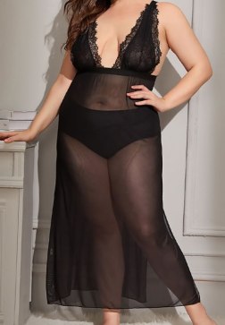 Black Lace Trim Sheer Nightgown for Plus Size