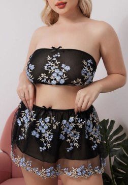 Black Sheer Two-Piece Set with Blue Floral Embroidery