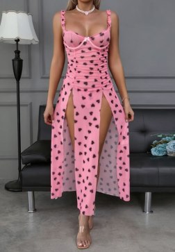 Pink Heart Print Sheer Mesh Nightgown with High Slits