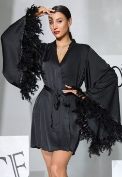 Black Satin Feather Trim Kimono Robe – Short Wrap Lingerie with Bell Sleeves for Women