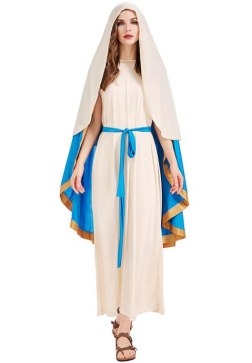 Women's Virgin Mary Costume - Biblical Robe with Headscarf & Blue Sash for Nativity Play