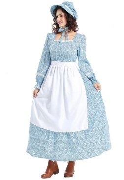 Women's Colonial Pioneer Costume - Blue Floral Dress with White Apron and Matching Bonnet