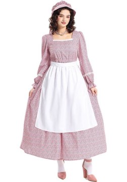 Women's Vintage Pioneer Cosplay Dress - Pink Floral Long Gown with White Bib Apron and Headpiece