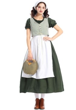 Women's Pioneer Girl Costume - Green Dress with Plaid Vest, White Apron & Headscarf