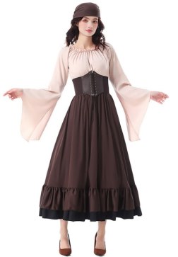 Renaissance Fair Costume Set - Long Sleeve Blouse, Brown Skirt, Wide Corset Belt, and Head Bandana
