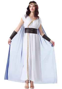 Women's Greek Goddess Costume - White Toga Dress with Blue Cape, Gold Headband, Wide Belt & Arm Cuffs