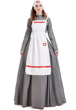 Women's Vintage WWI/WWII Nurse Costume - Grey Floor-Length Dress with White Cross Pinafore & Headpiece