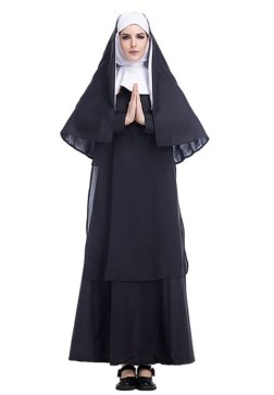Women's Nun Costume - Black Long Dress with White Wimple and Cape for Halloween Party