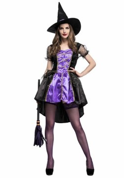 Women's Sexy Witch Costume Set - Purple and Black Lace-Up Mini Dress with Pointed Hat for Halloween