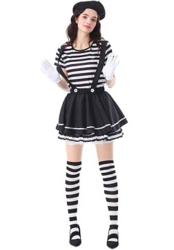 Women's Classic Mime Artist Costume - Striped Shirt, Skirt, Beret, Gloves & Socks 4-Piece Set