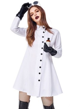 Women's Mad Scientist Lab Coat Costume with Black Gloves Halloween Party Outfit