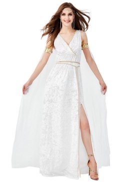 Women's Greek Goddess Costume Long Dress with Gold Belt Headpiece and Chiffon Cape for Halloween