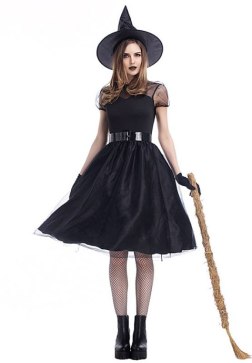 Women's Classic Witch Costume Dress with Hat Belt and Gloves Halloween Party Outfit