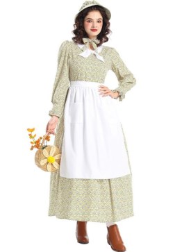 Women's Vintage Floral Pioneer Dress with White Apron and Matching Bonnet, Historical Farmgirl Costume
