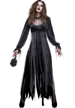 Women's Gothic Zombie Bride Costume Black Long Sleeve Ragged Dress with Choker Necklace
