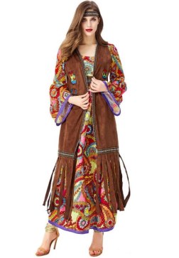 Women's 60s 70s Hippie Costume Floral Print Maxi Dress Vest Headband Boho Fancy Dress
