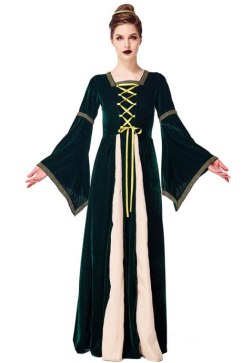 Retro Renaissance Princess Gown Set featuring Dark Green Velvet and Gold Trim with Matching Hair Band