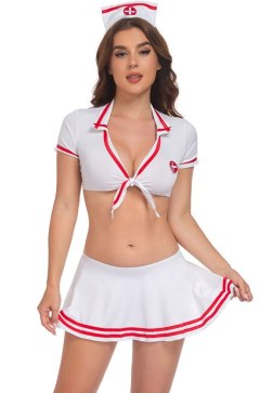 Flirty Red and White Nurse Costume - 3PC Crop Top with Collar, Pleated Mini Skirt and Hat for Halloween