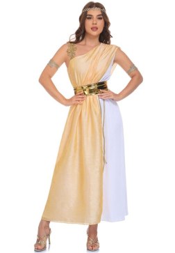 2-Tone Gold and White Toga Dress Women's Ancient Greek Goddess Costume with Headband and Arm Bands