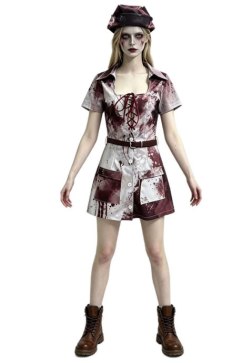 Women's Zombie Nurse Costume - Short-Sleeve Blood Splatter Dress with Belt and Matching Hat
