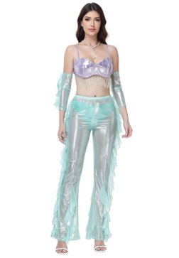 Holographic Mermaid Festival Costume Set - 4PC Iridescent Crop Top with Fringe and Flare Leg Pants