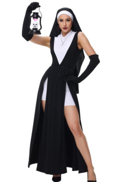 Women's Horror Scary Nun Cosplay Costume Set - Long Black Robe with White Shorts, Headpiece & Gloves