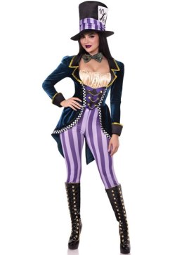 Sexy Alice in Wonderland Cosplay Outfit - Attached Velvet Jacket Jumpsuit with Striped Pants, Hat and Bow Tie
