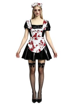 Women's Zombie Maid Horror Costume - 3-Piece Set with Black Short-Sleeve Dress, Bloody Apron & Headband
