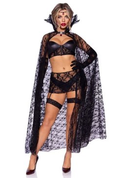 Sexy Gothic Vampire Lingerie Set - 5-Piece Black Lace Cape, Bra, Skirt, Garters & Gloves