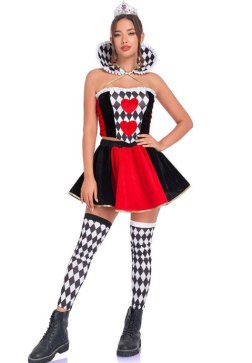 Women's Queen of Hearts Fantasy Lingerie Set with Choker and Thigh-Highs