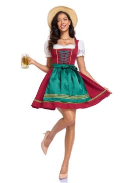 Classic Dirndl Dress with Contrast Satin Apron and Lace-Up Bodice for Oktoberfest