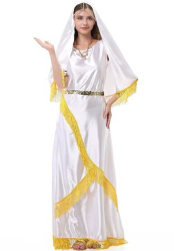 Women's Biblical Mary Costume - White Satin Gown, Gold Fringe Veil, and Sequin Belt