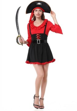 Women's 3-Piece Red and Black Buccaneer Costume with Pirate Hat and Belt
