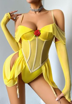 Women's Yellow Lingerie Set Teddy Bodysuit with Arm Sleeves Corset Style Bustier Open Back Garter Nightwear