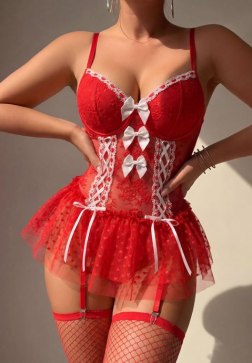Red Floral Lace Babydoll Lingerie Set with Satin Ribbon Bow