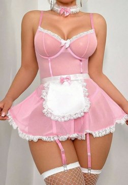Women's Sheer Mesh Babydoll Lingerie, French Maid Apron Set with Lace Trim, Satin Bow, Built-in Garters, Fishnet Stockings, and Thong