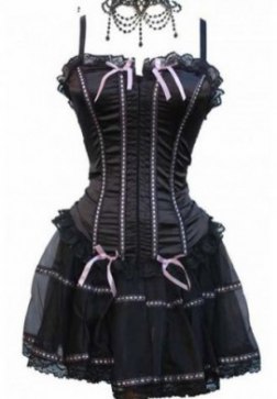 Black Pink Lace Trimmed Overbust Boning Corset Bustier with Skirt