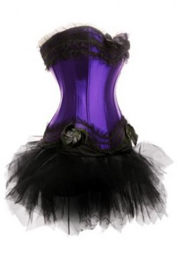 One Set-Ruffle Trimmed Long Line Satin Corset Bustier with Lacy Tutu Skirt in White Red Pink Black