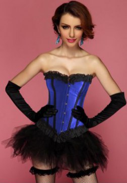 Contrasting Lines Satin Lace Corset Bustier with Pettiskirt in Blue and Purple