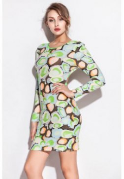 Candy Color Long Sleeve Stone Pattern Print Club Dress
