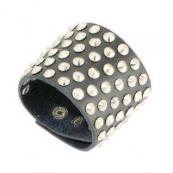 Wide Black Leather Bracelet with 6 Layers Round Rivets