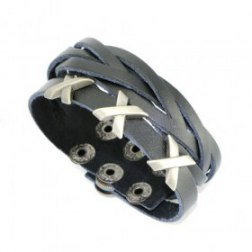 Fashion Metal X Snap Button Black Leather Bracelets