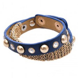 Gold Plated Chain Design Diamond Adjustable Wrap Leather Bracelet