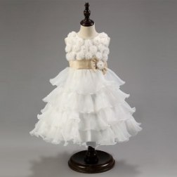 Sleeveless Flower Decorated Bodice Ruffle Tulle Girl's Dress
